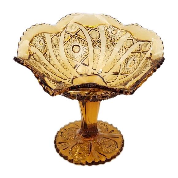 Daisy & Button Crimped Tall Compote Amber Imperial Glass Ohio 7" Tall VTG 1970's - Picture 3 of 16